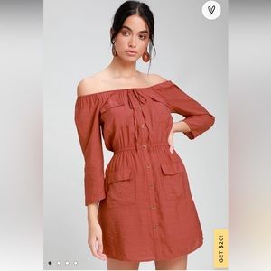 Lulus Etta Rusty Rose Button Front Off-the-Shoulder Dress!